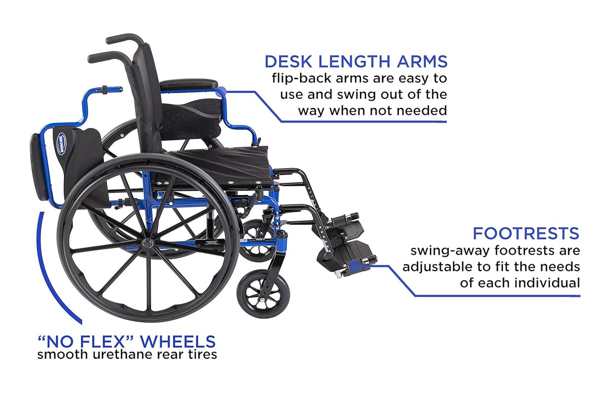 High Performance Lighter Weight Wheelchair with Desk Length Arms and Footrests, 18 Seat Width, Cobalt Blue U149456