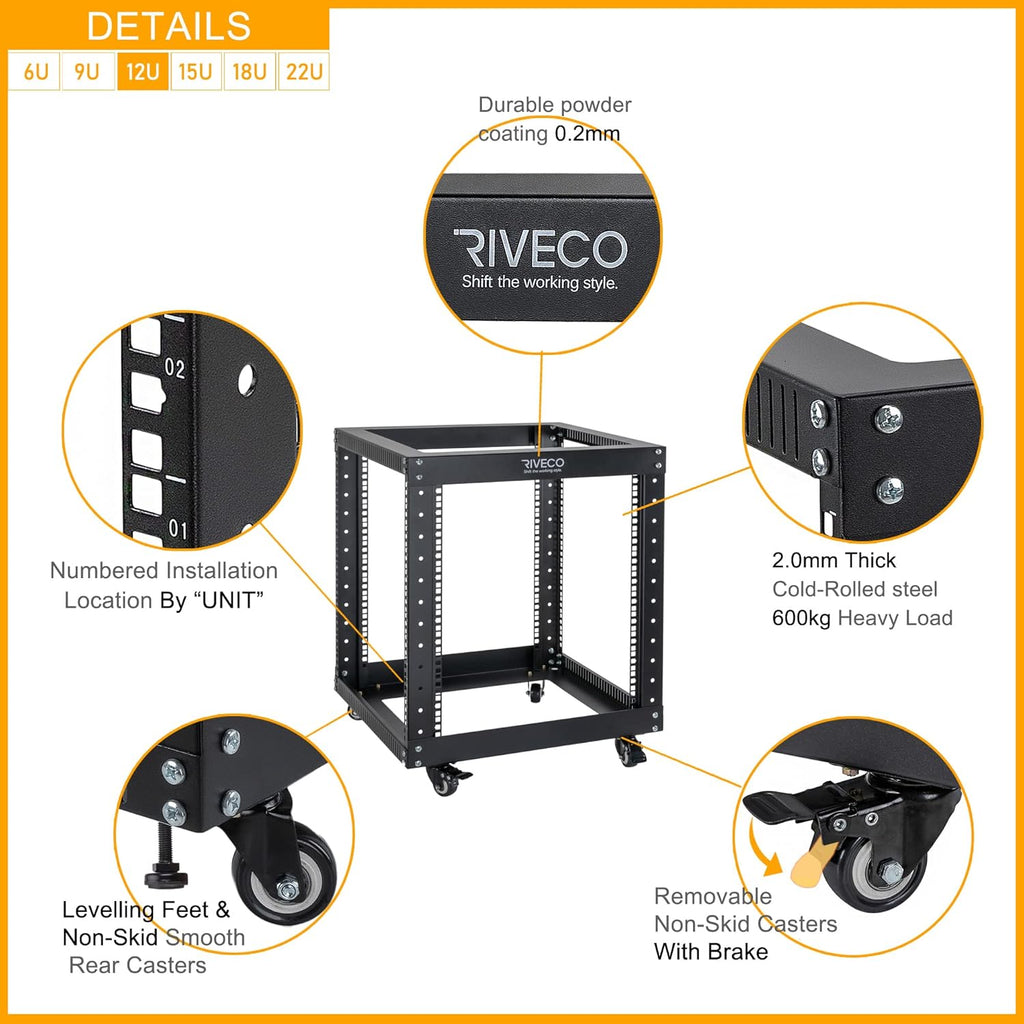12U Open Frame Server Rack with Casters S3346