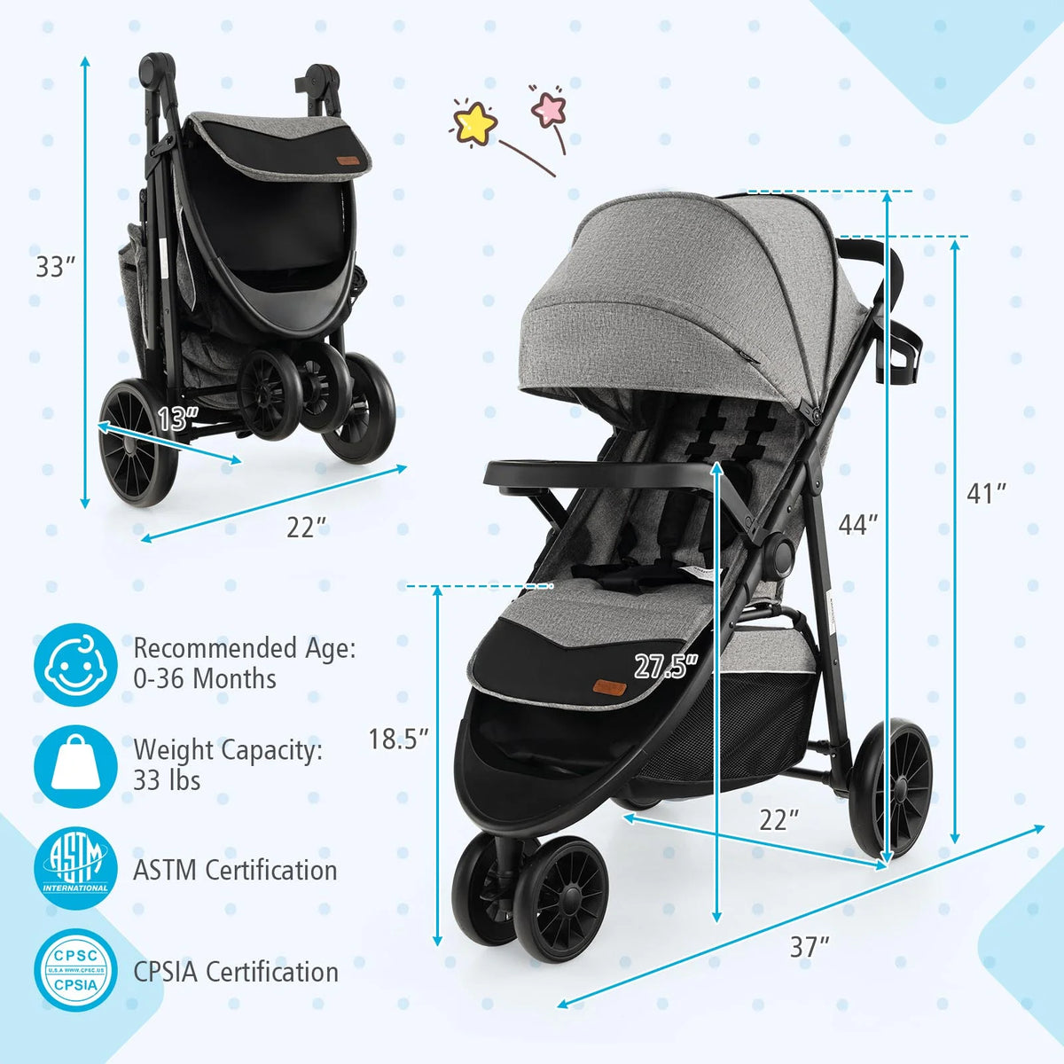 Baby Jogging Stroller Travel System with Adjustable Canopy Grey H818984