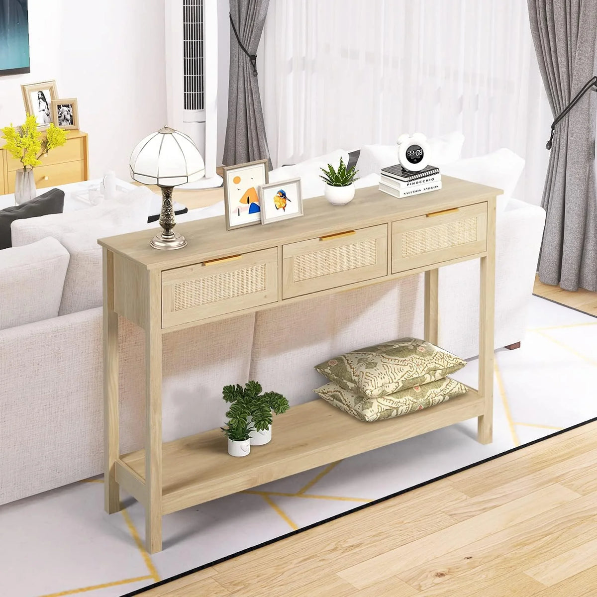 51" Oak Grain Console Table with 3 Drawers V217