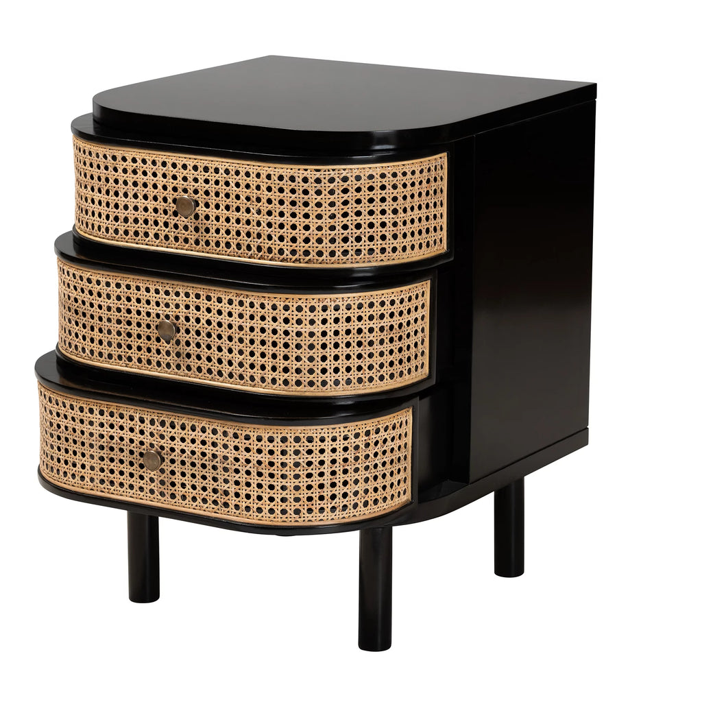 Black Wood and Rattan 3-Drawer End Table Nightstand A58965