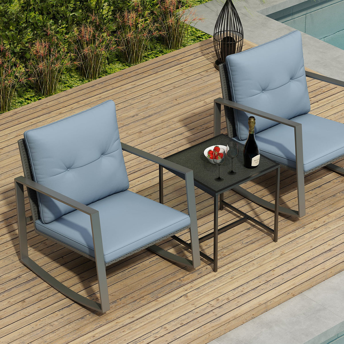 3-Piece Bistro Outdoor Cafe Furniture Set with Glass Table Grey U606365