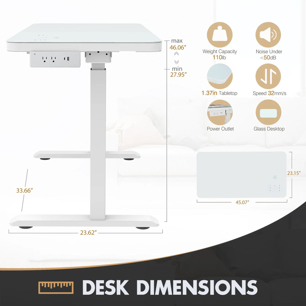 White Electric Glass Standing Desk with Drawers H513121