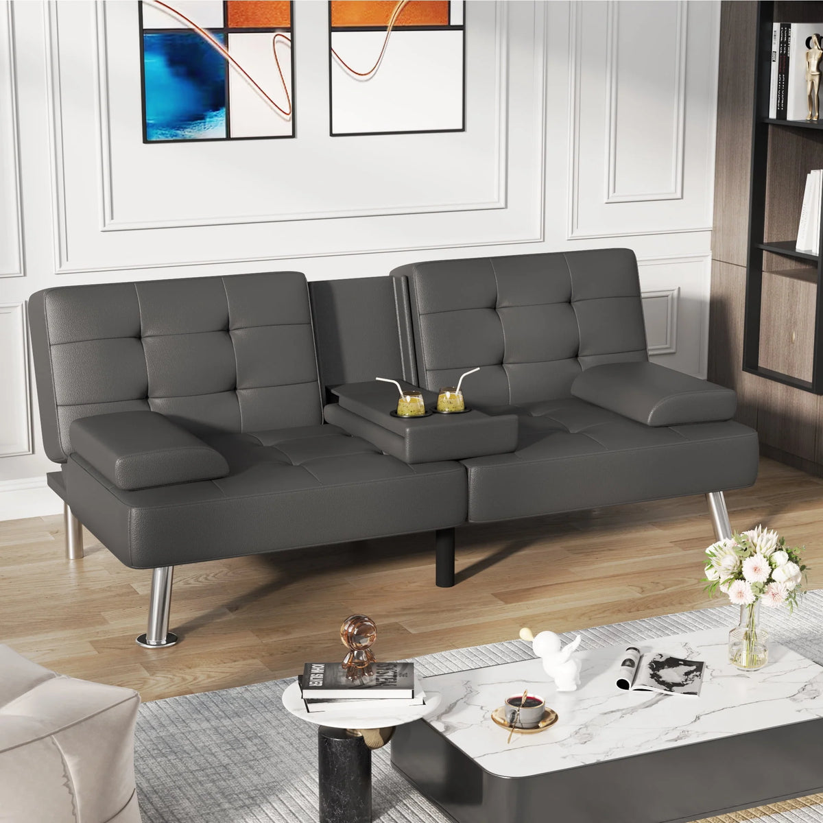 Faux Leather Convertible Futon Sofa Bed with 2 Cup Holders P128661