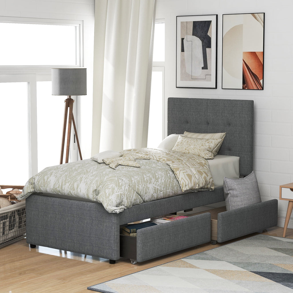 Gray Upholstered Twin Size Platform Bed with 2 Storage Drawers I5440