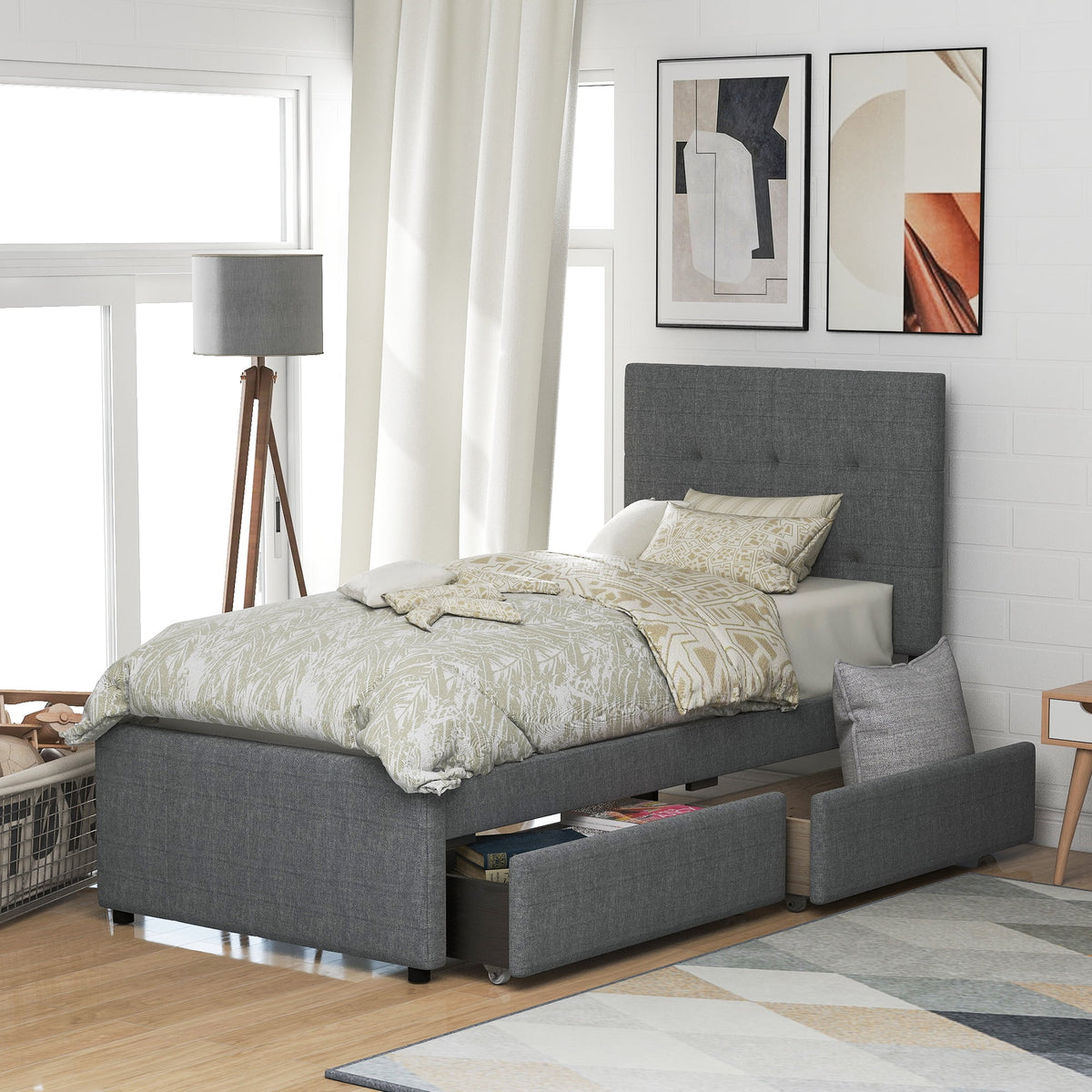 Gray Upholstered Twin Size Platform Bed with 2 Storage Drawers I5440