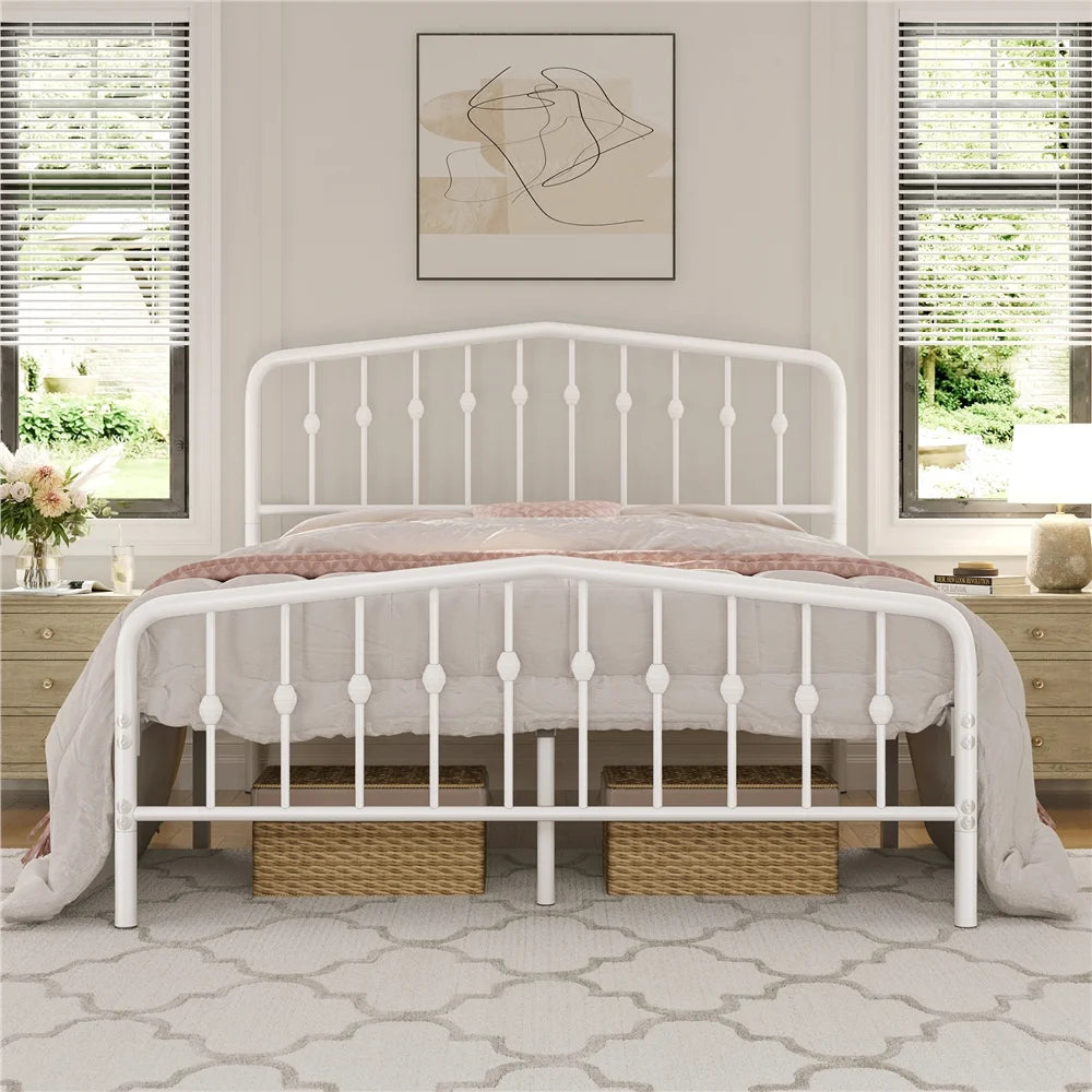 White Queen Metal Platform Bed with Arched Headboard and Footboard V1289