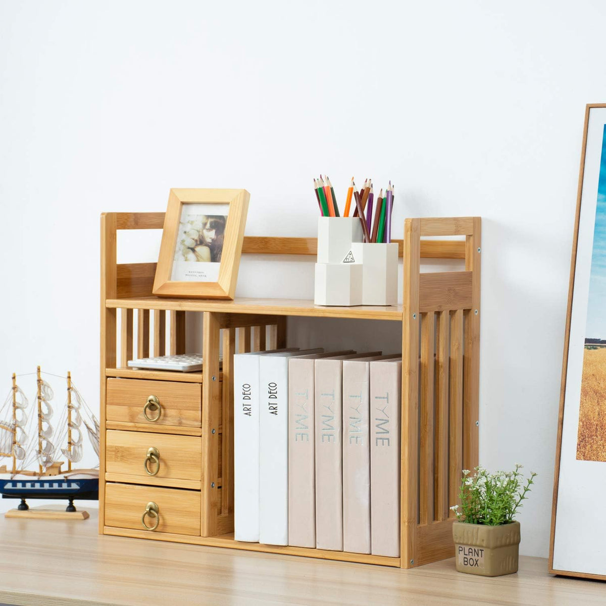 Bamboo Desktop Bookshelf with 3 Drawers A208