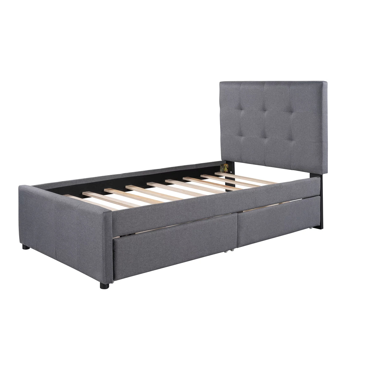 Gray Upholstered Twin Size Platform Bed with 2 Storage Drawers I5440