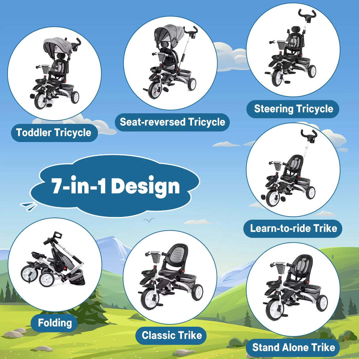 Folding Toddler Tricycle with Adjustable Push Handle, Harness, Canopy and Storage E69987