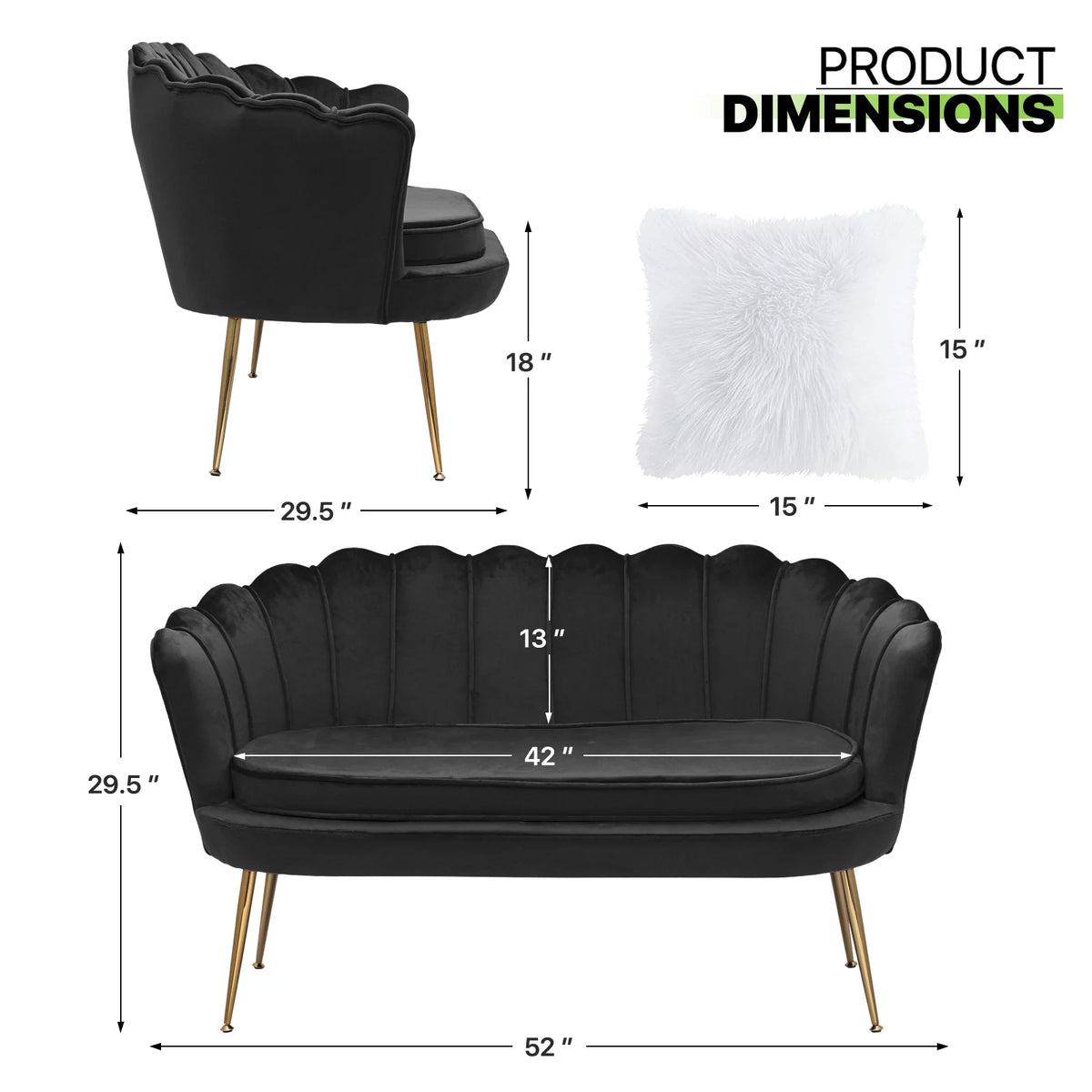 Black Tufted Velvet Loveseat with Pillows V7388