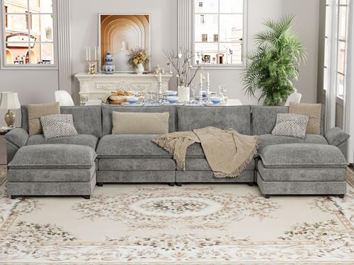 Grey Chenille U Shaped Modular Sectional Sofa with Ottoman W400