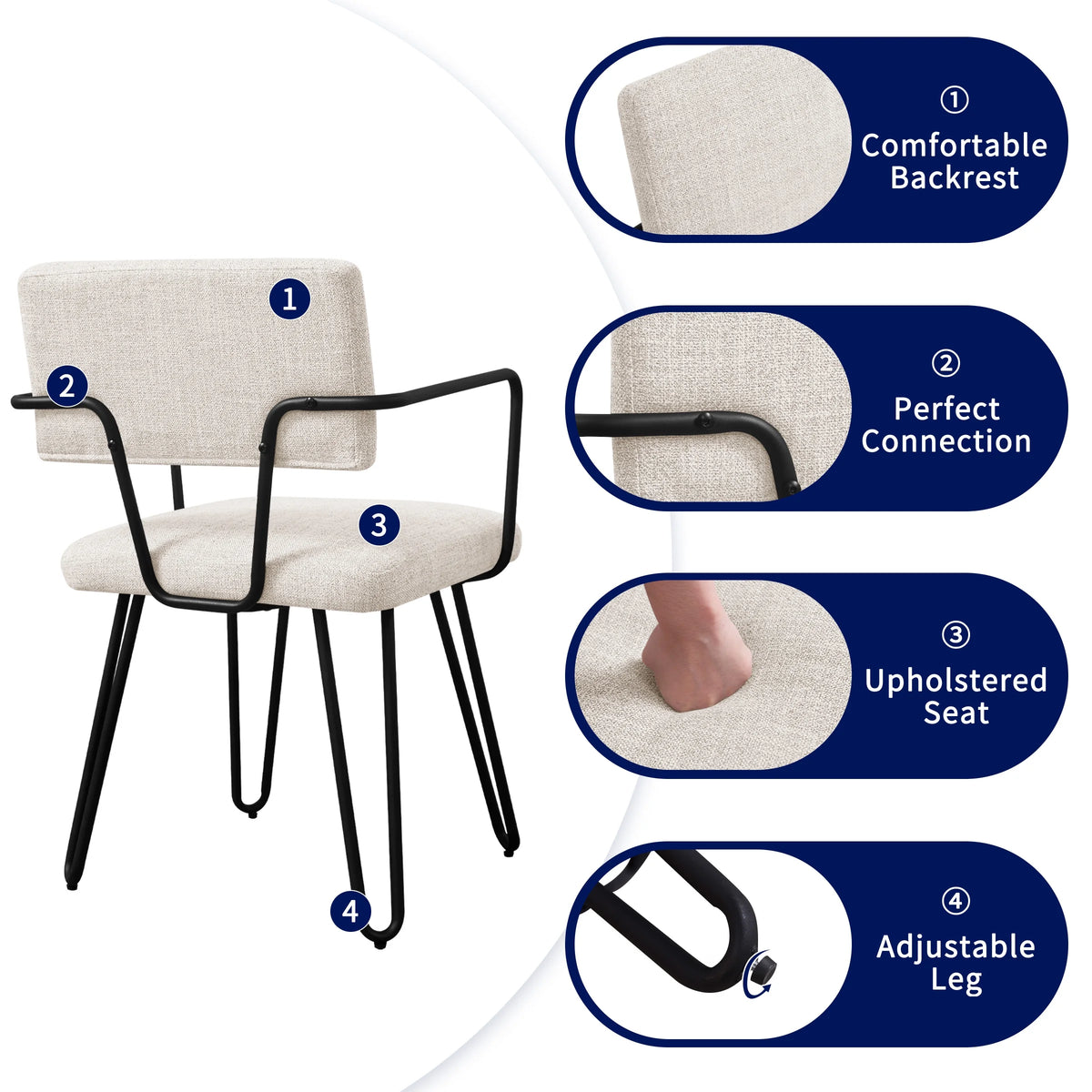 Off-White Set of 6 Dining Chairs with Metal Arms A279