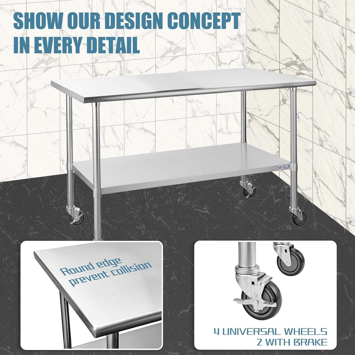 Stainless Steel Table 30 x 60 Inches with Caster Wheels H4661