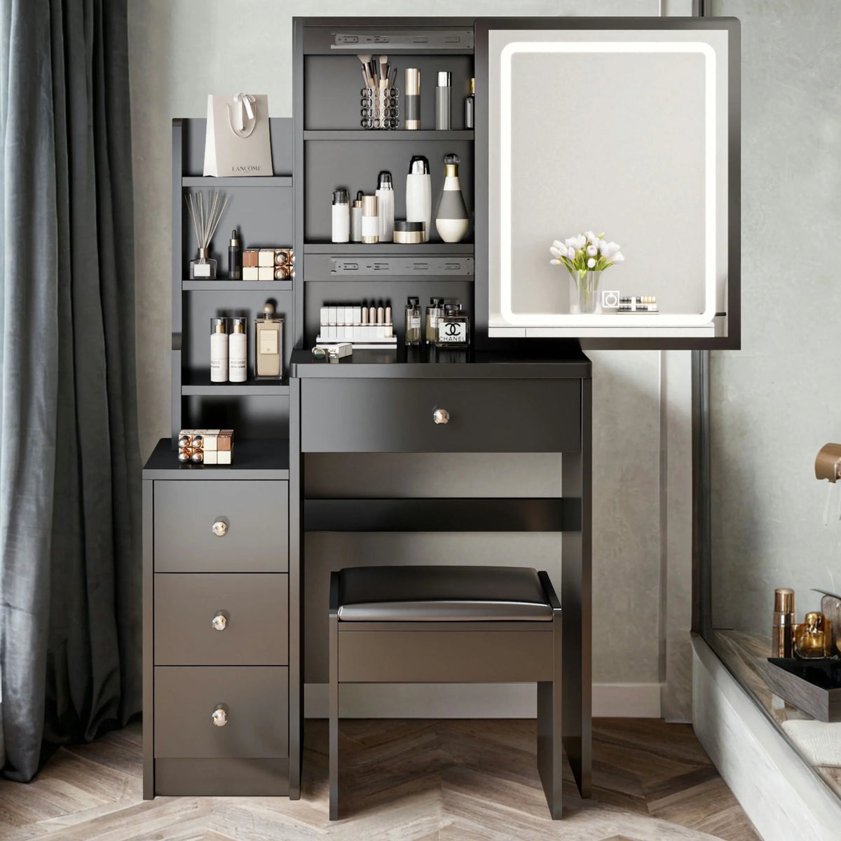 White Vanity Table with Lighted Mirror and Stool F640
