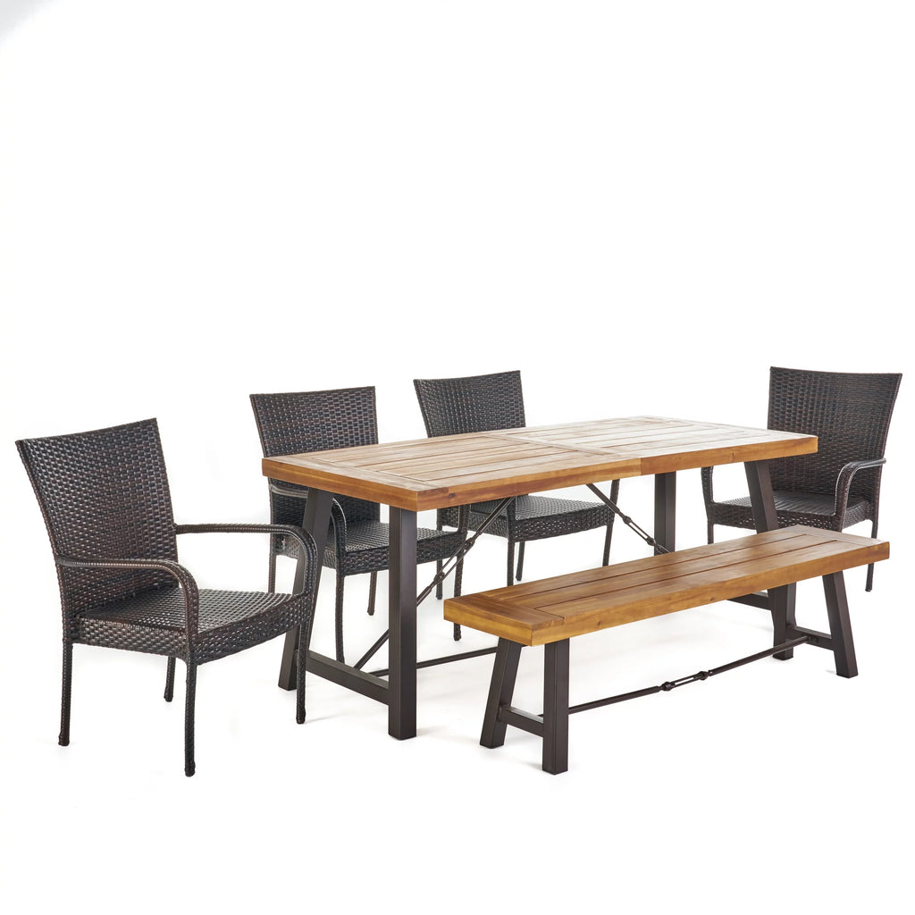 6-Piece Acacia Wood Dining Set with Wicker Stacking Chairs Q64376