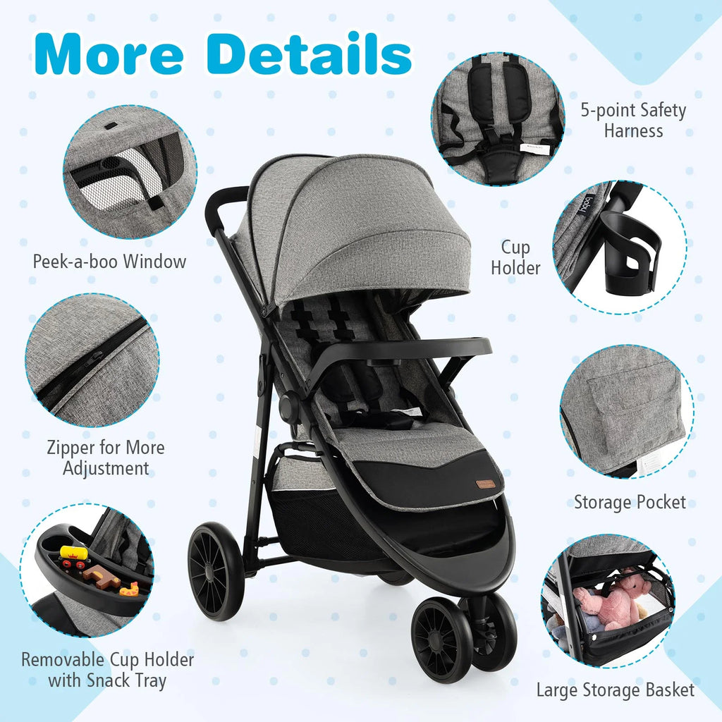 Baby Jogging Stroller Travel System with Adjustable Canopy Grey H818984