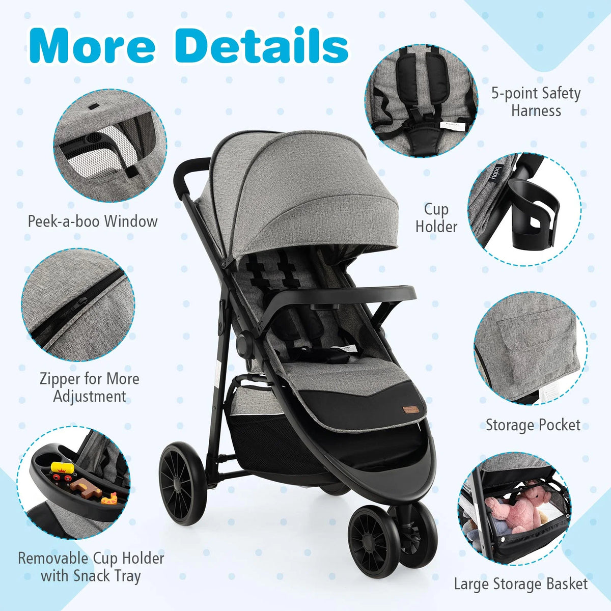 Baby Jogging Stroller Travel System with Adjustable Canopy Grey H818984