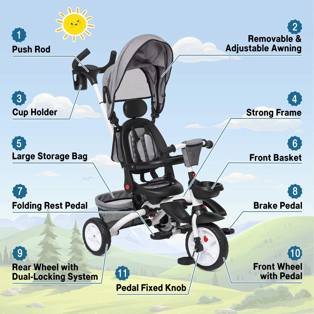 Folding Toddler Tricycle with Adjustable Push Handle, Harness, Canopy and Storage E69987