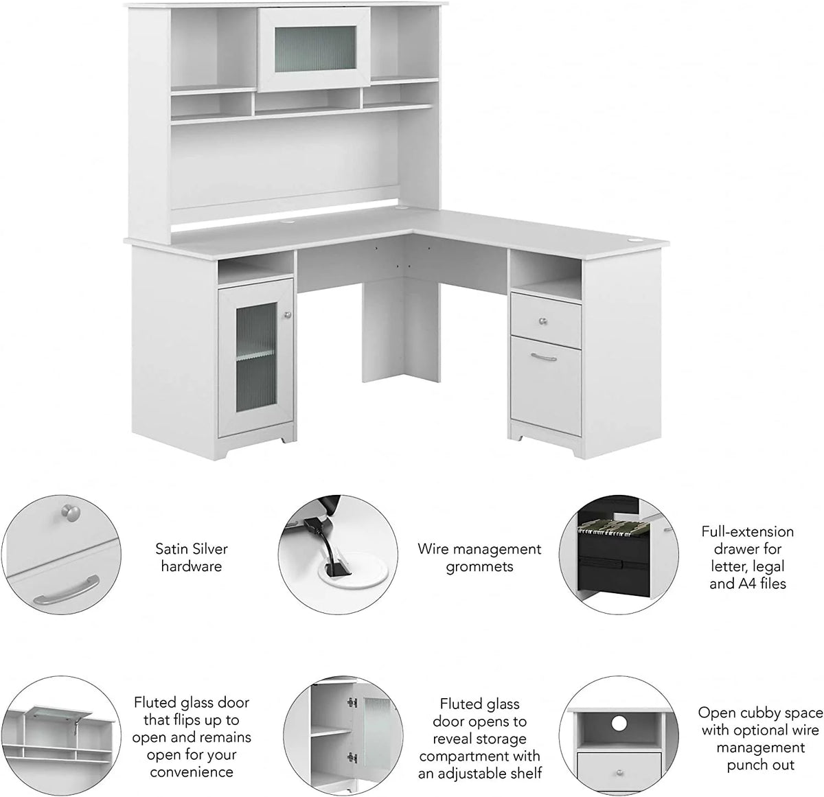 60W L Shaped Computer Desk with Hutch White Z8382