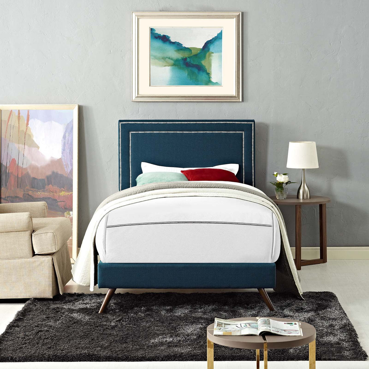 Twin Fabric Platform Bed with Round Splayed Legs in Azure V2769
