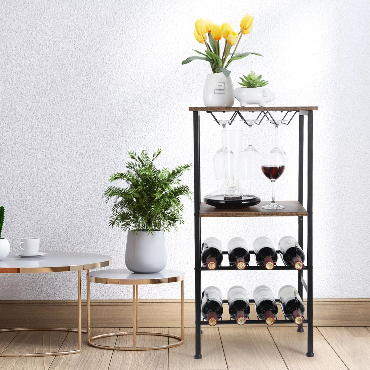 Freestanding Metal and Wood Wine Rack Table H193800