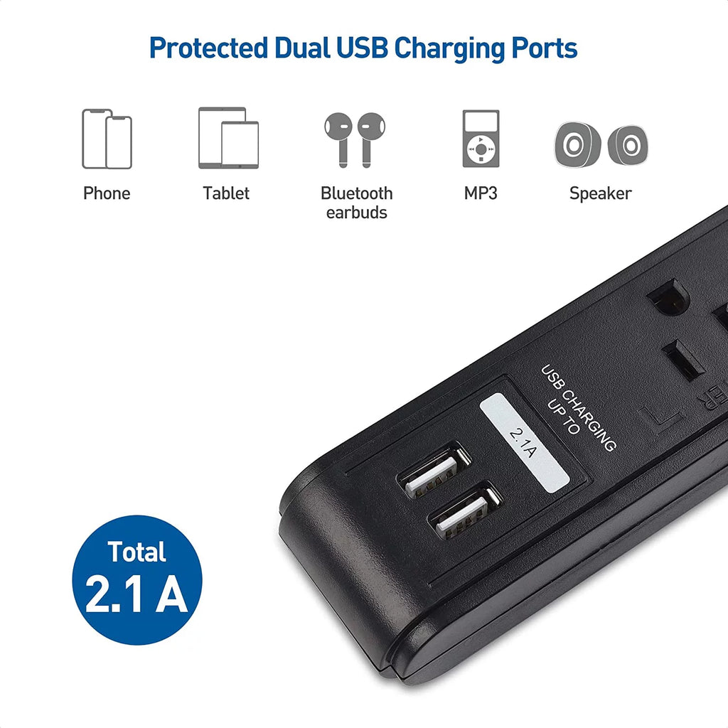 2-Pack 6 Outlet Surge Protector Power Strip with USB Charging Ports, 8 Foot Cord, Black X488