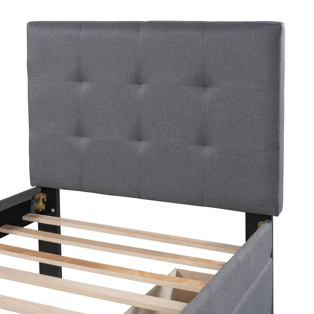 Gray Upholstered Twin Size Platform Bed with 2 Storage Drawers I5440
