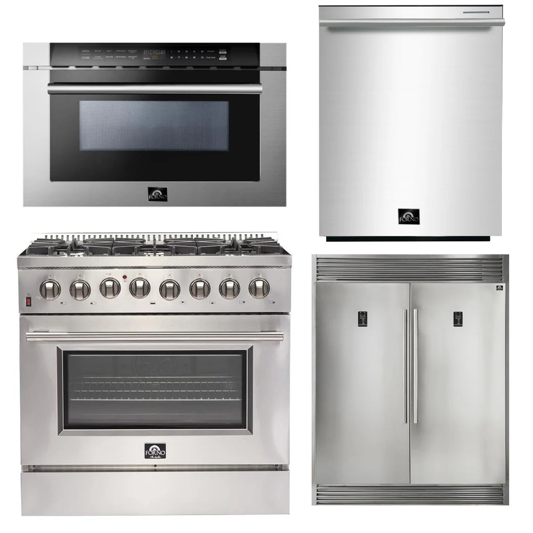 36 Inch Dual Fuel Range, 60 Inch Refrigerator, Microwave Drawer, Dishwasher F650