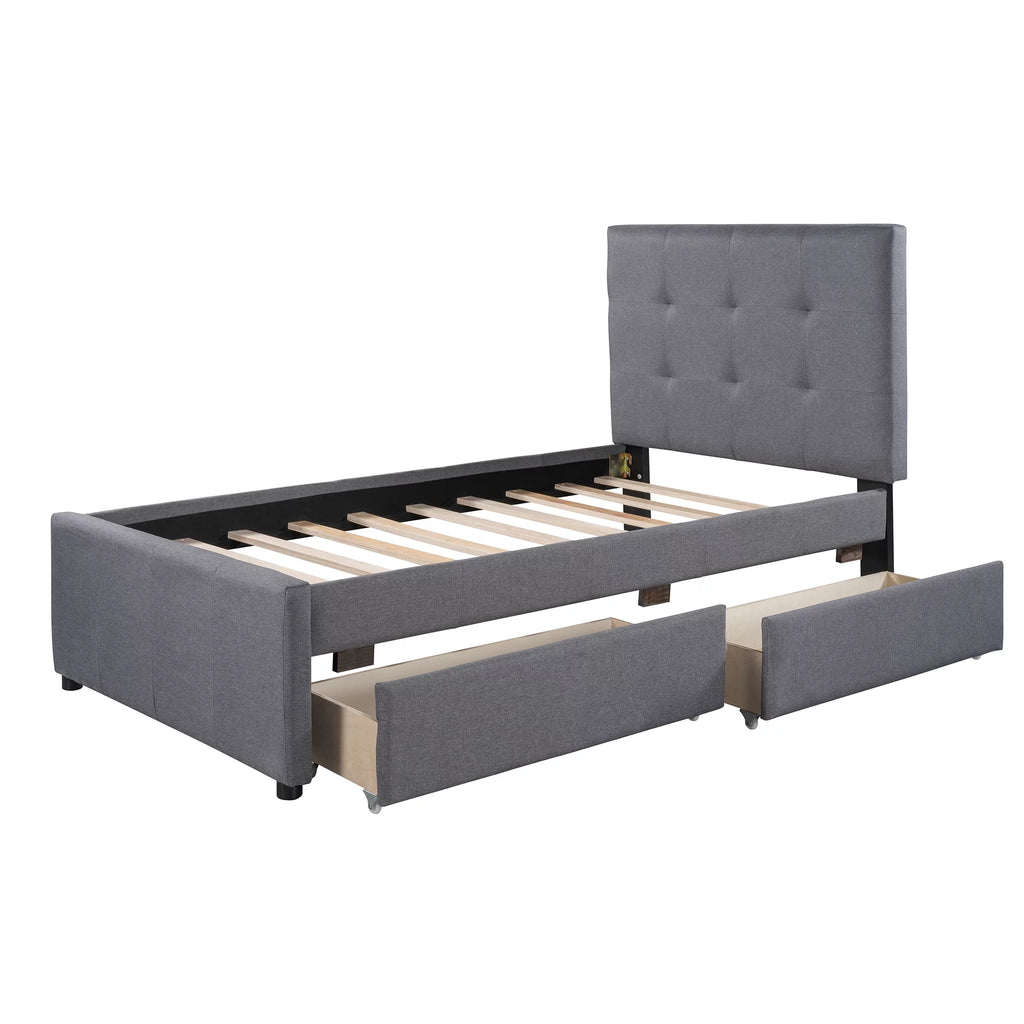 Gray Upholstered Twin Size Platform Bed with 2 Storage Drawers I5440