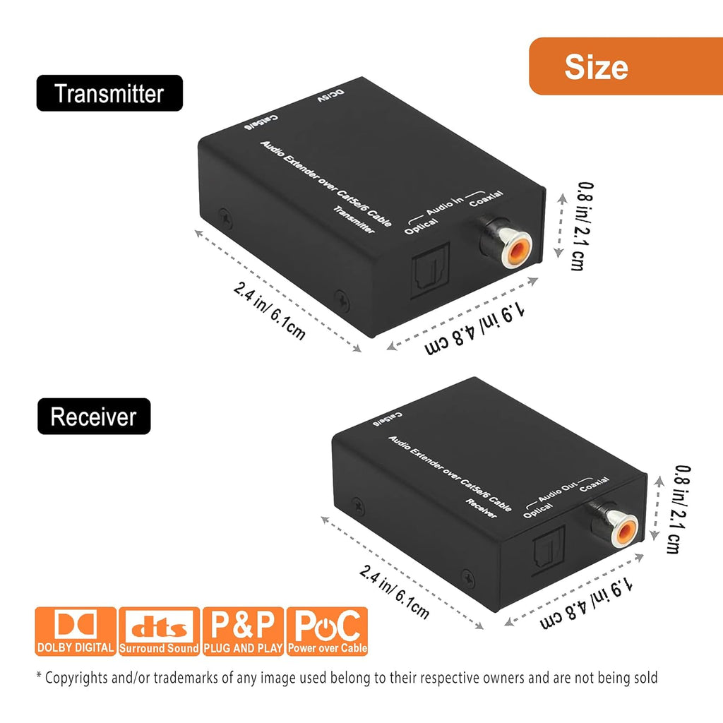Digital Audio Balun Extender Converter Adapter Over Cat5e6 SPDIF Optical Coaxial 900 Feet Plug and Play Pack of 2 N498