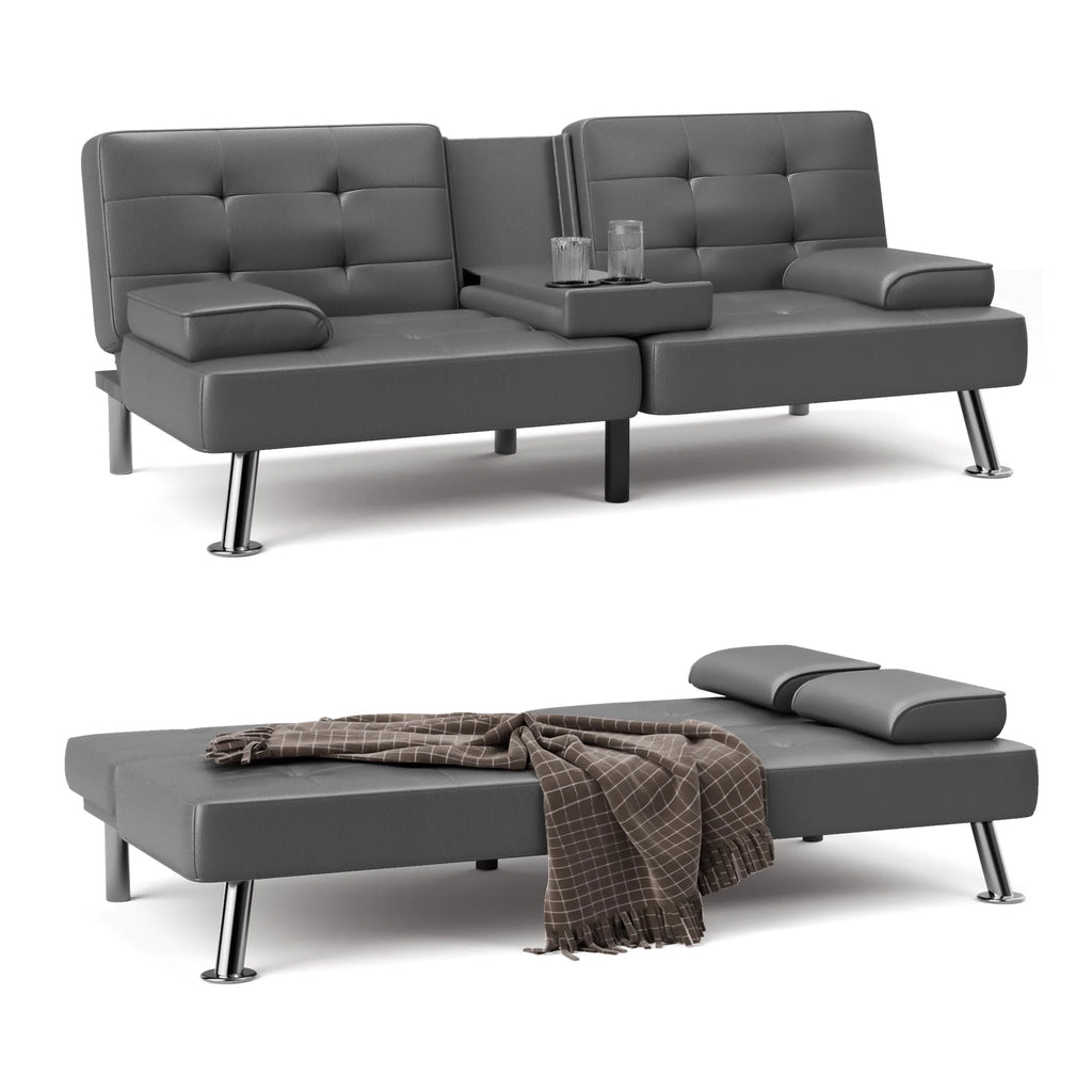 Faux Leather Convertible Futon Sofa Bed with 2 Cup Holders P128661