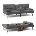 Faux Leather Convertible Futon Sofa Bed with 2 Cup Holders P128661