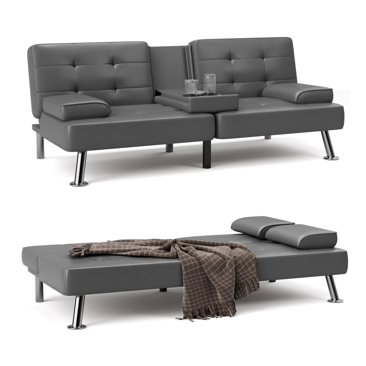 Faux Leather Convertible Futon Sofa Bed with 2 Cup Holders P128661