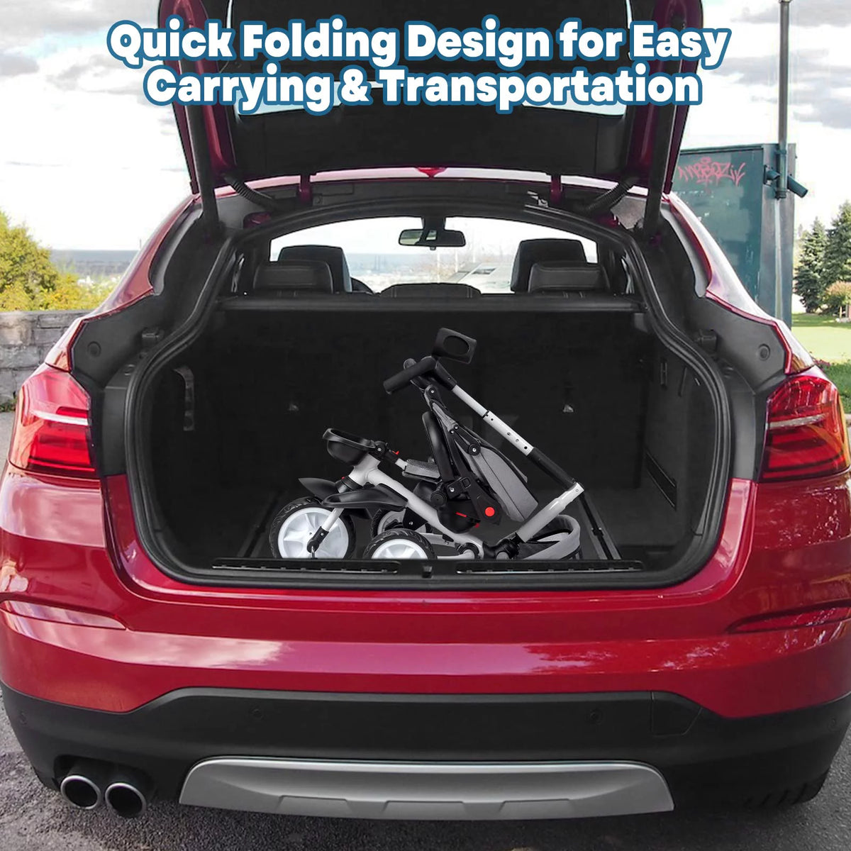 Folding Toddler Tricycle with Adjustable Push Handle, Harness, Canopy and Storage E69987