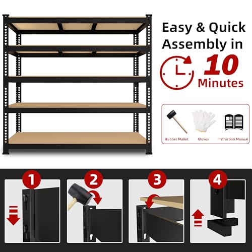 5 Tier Adjustable Heavy Duty Metal Shelving Unit, Black, 2 PCS U7002
