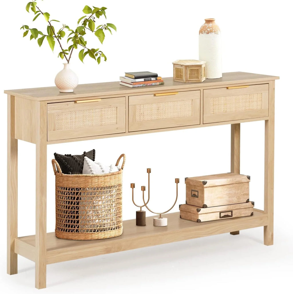 51" Oak Grain Console Table with 3 Drawers V217