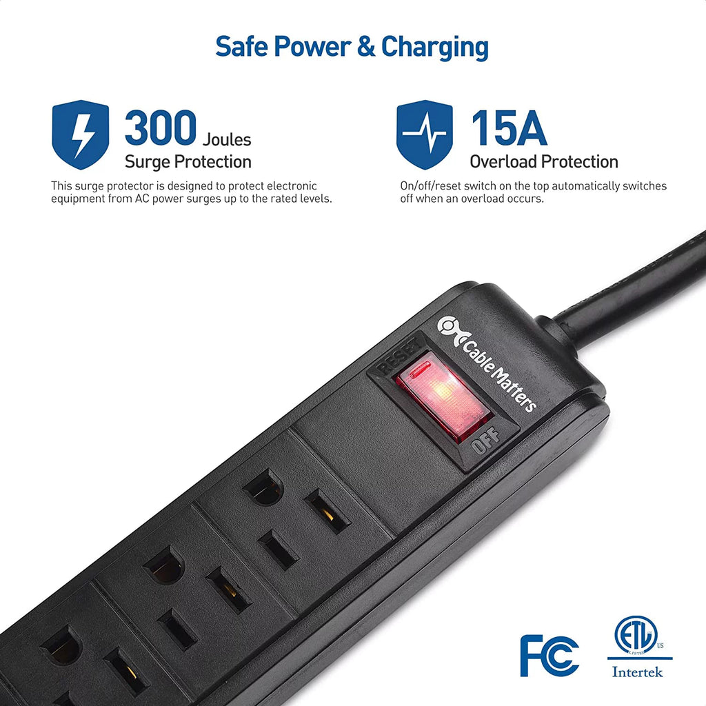 2-Pack 6 Outlet Surge Protector Power Strip with USB Charging Ports, 8 Foot Cord, Black X488