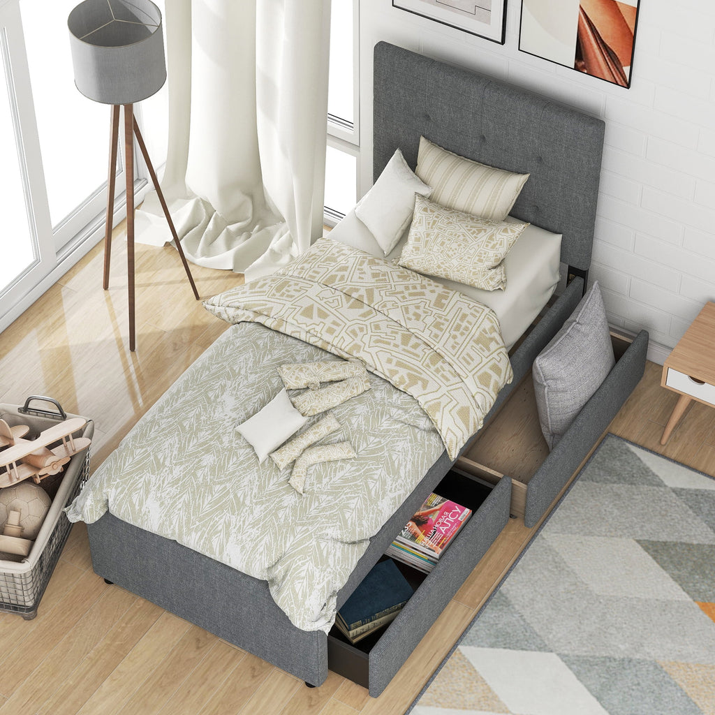 Gray Upholstered Twin Size Platform Bed with 2 Storage Drawers I5440