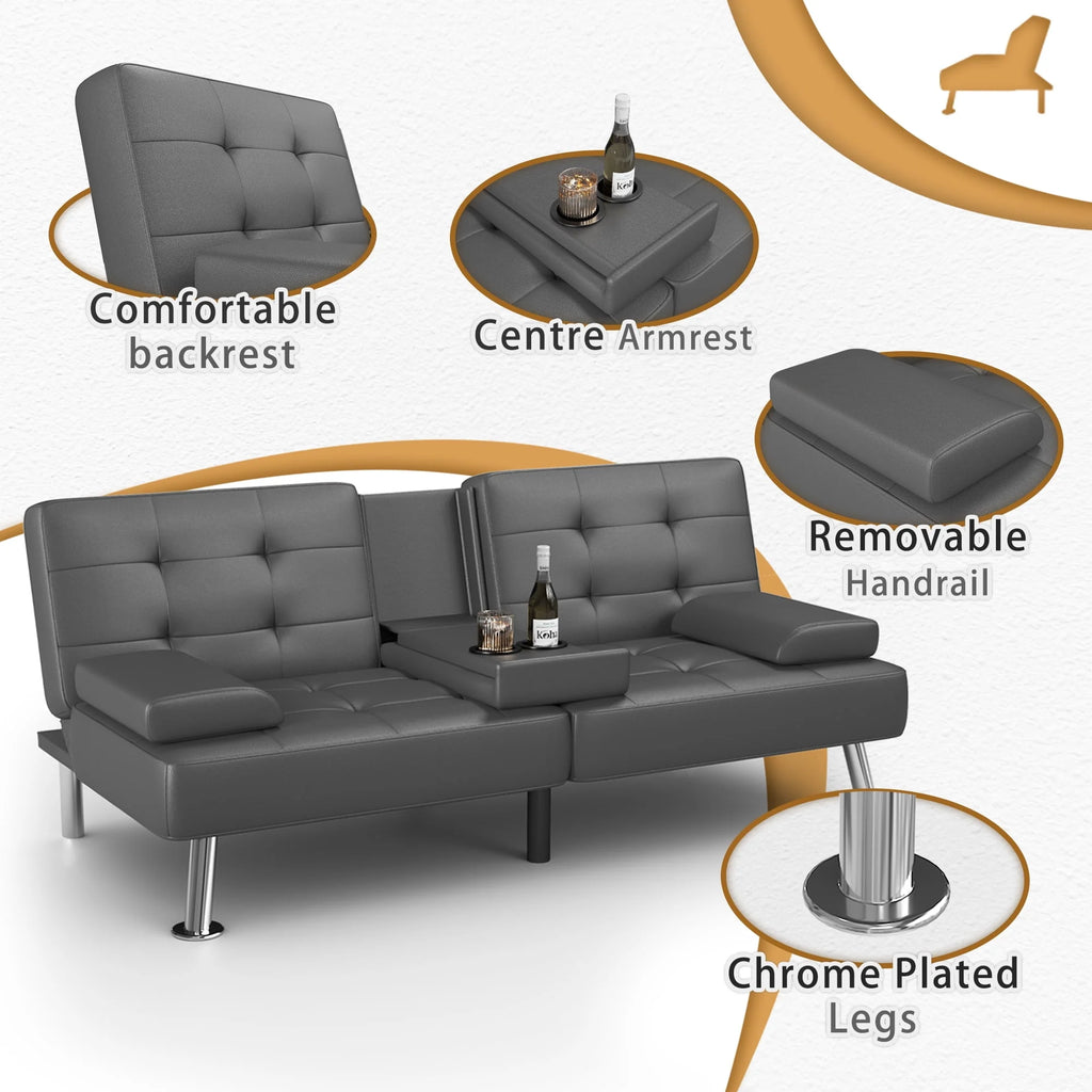 Faux Leather Convertible Futon Sofa Bed with 2 Cup Holders P128661