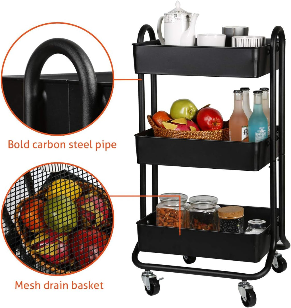 3 Tier Metal Rolling Utility Storage Cart with Wheels K955705
