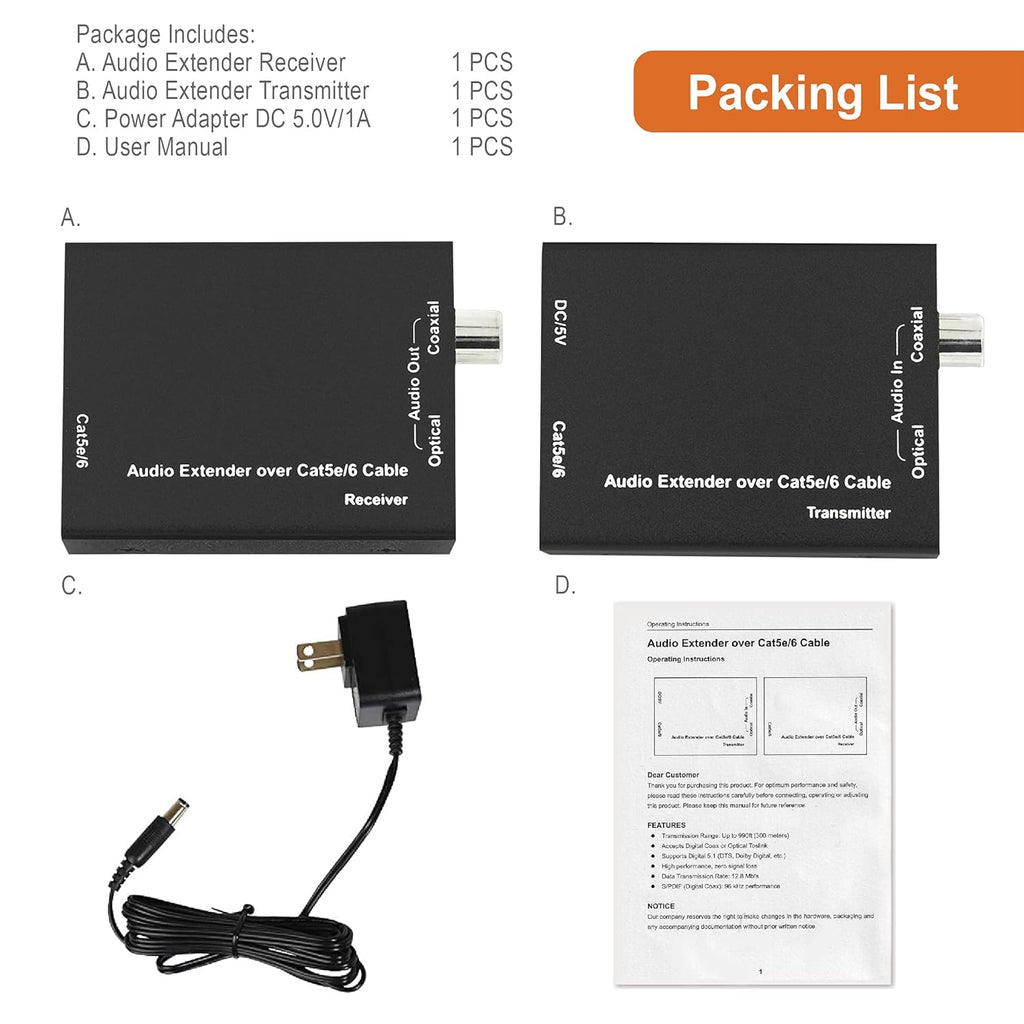 Digital Audio Balun Extender Converter Adapter Over Cat5e6 SPDIF Optical Coaxial 900 Feet Plug and Play Pack of 2 N498