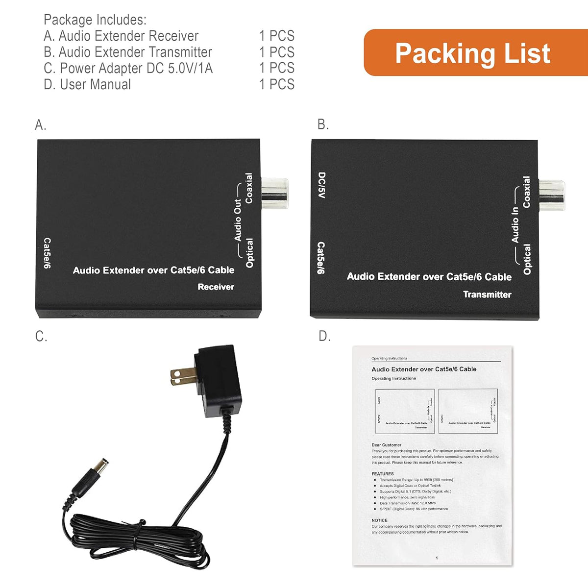 Digital Audio Balun Extender Converter Adapter Over Cat5e6 SPDIF Optical Coaxial 900 Feet Plug and Play Pack of 2 N498