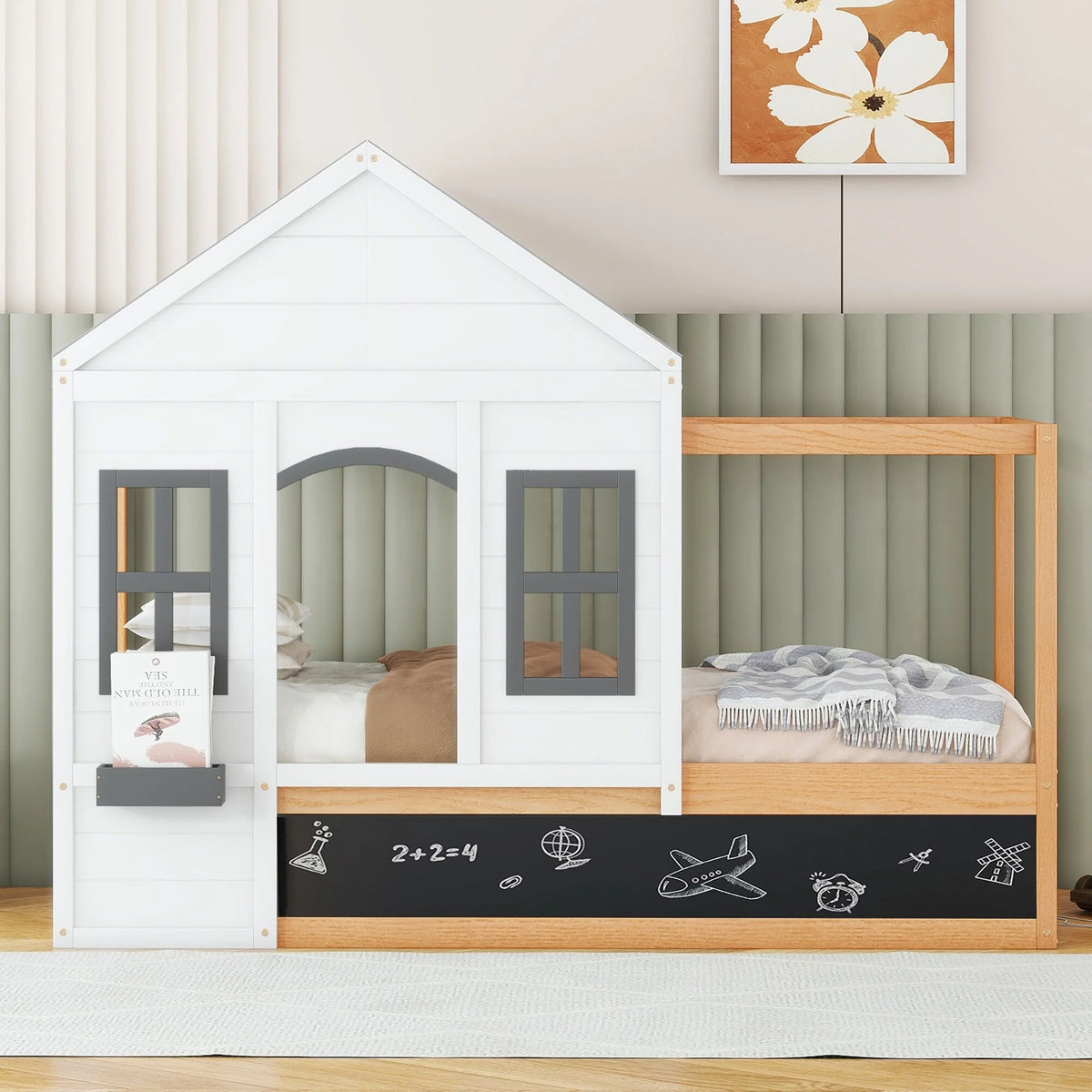 Twin Size House Shaped Canopy Bed with Black Roof & White Window V5798