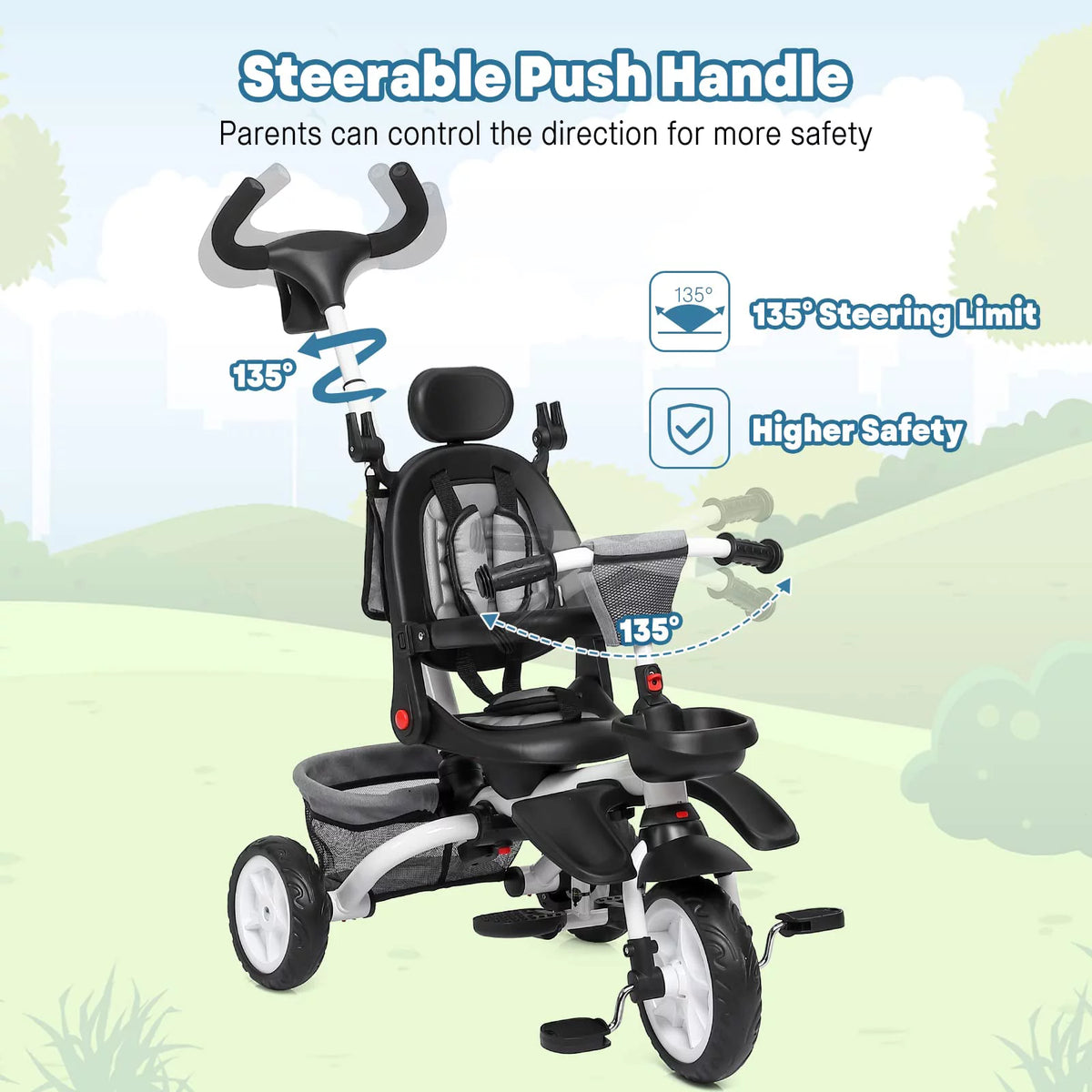 Folding Toddler Tricycle with Adjustable Push Handle, Harness, Canopy and Storage E69987