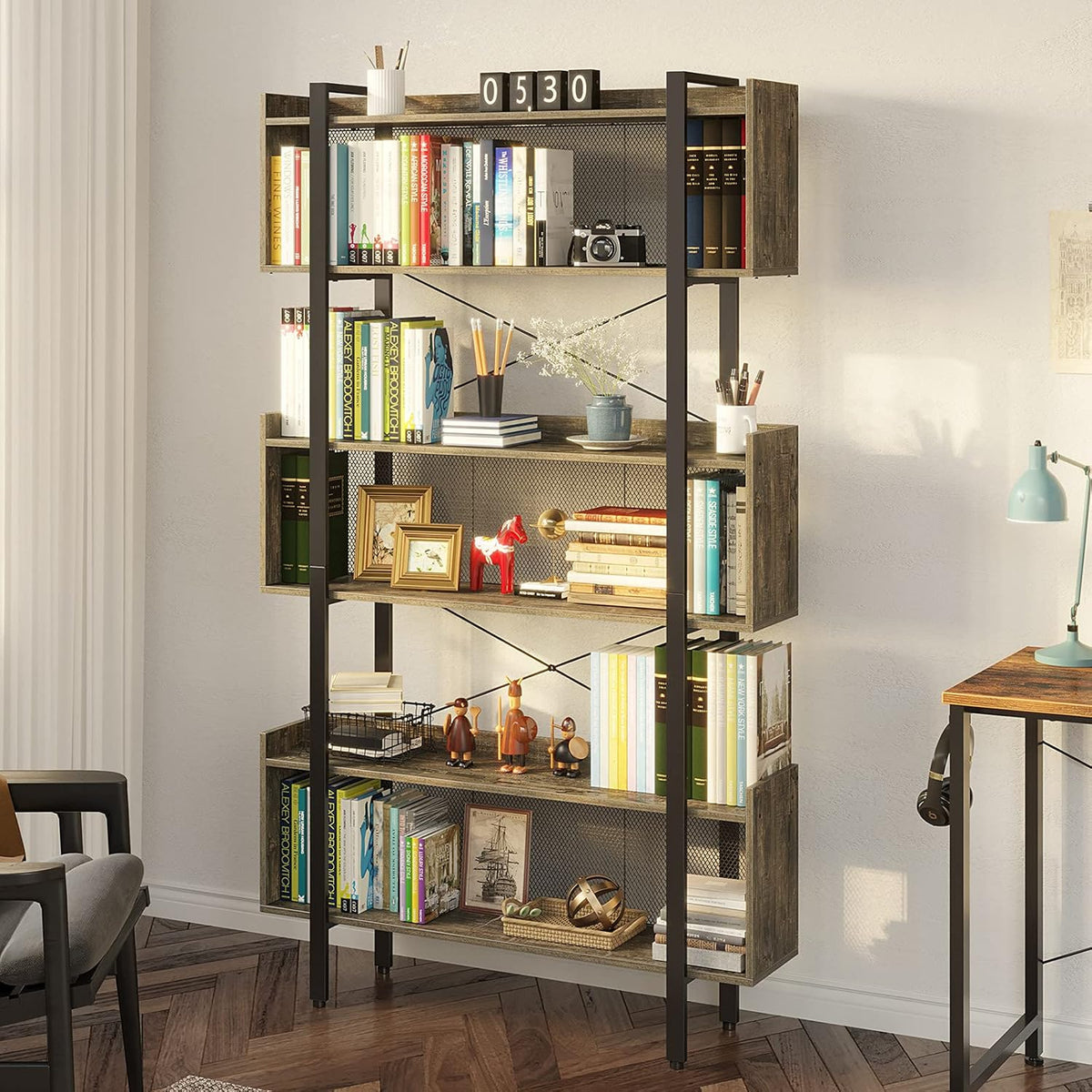 6-Tier Grey Wooden Bookshelf with Metal Frame L76324