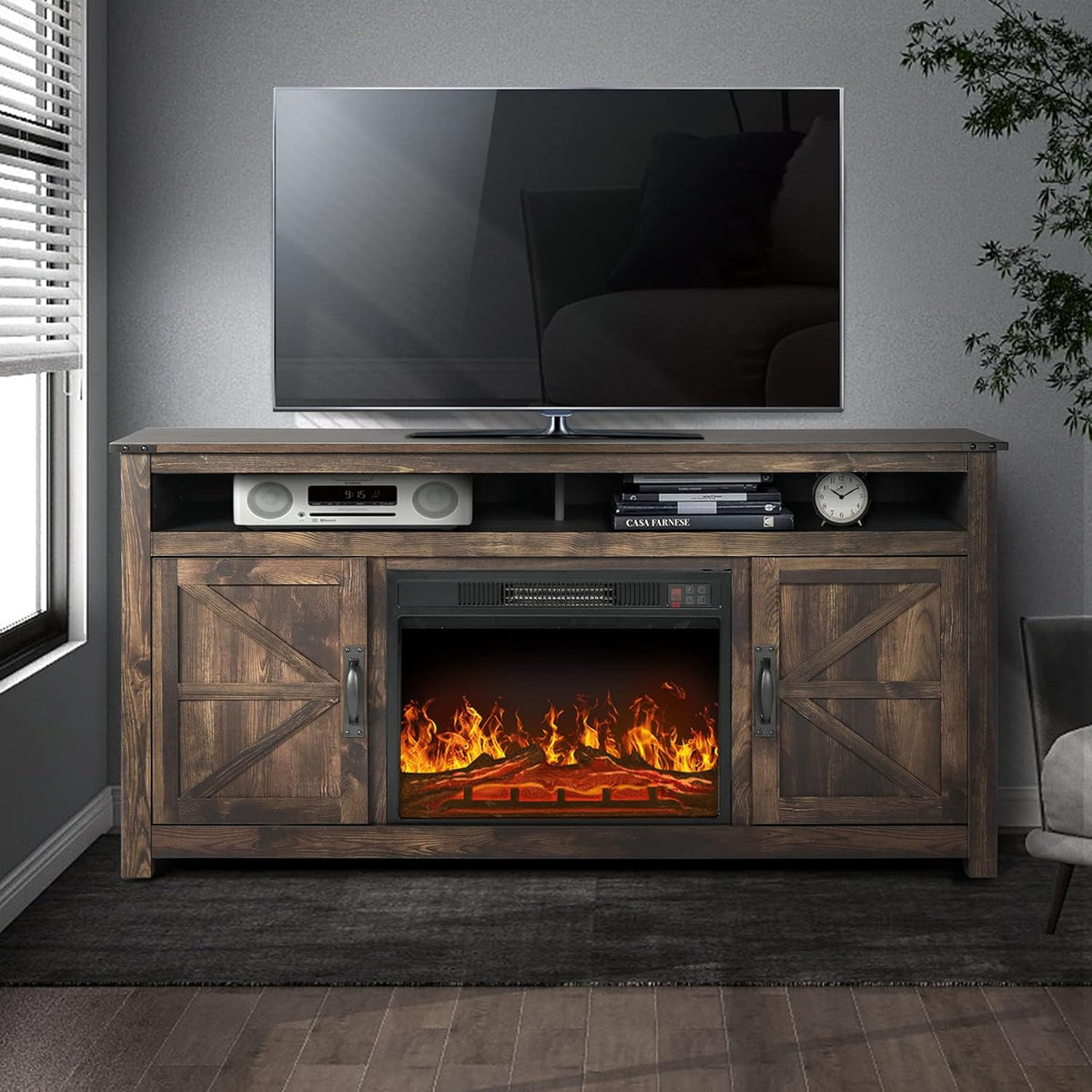 Farmhouse Barn Door TV Stand with 2 Storage Cabinets and Open Shelves I4805