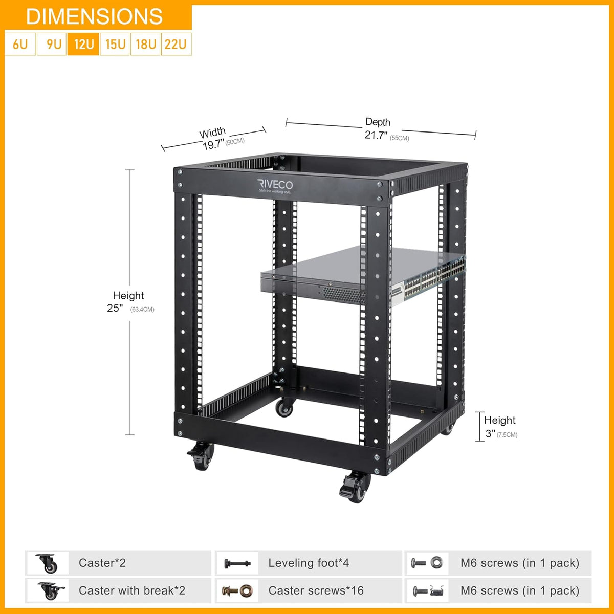 12U Open Frame Server Rack with Casters S3346