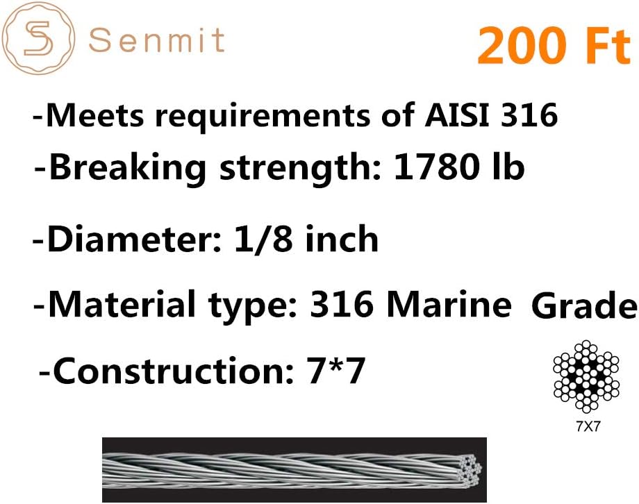 1/8 Stainless Steel Aircraft Wire Rope 7x7 300Feet T316 Marine Grade X49832