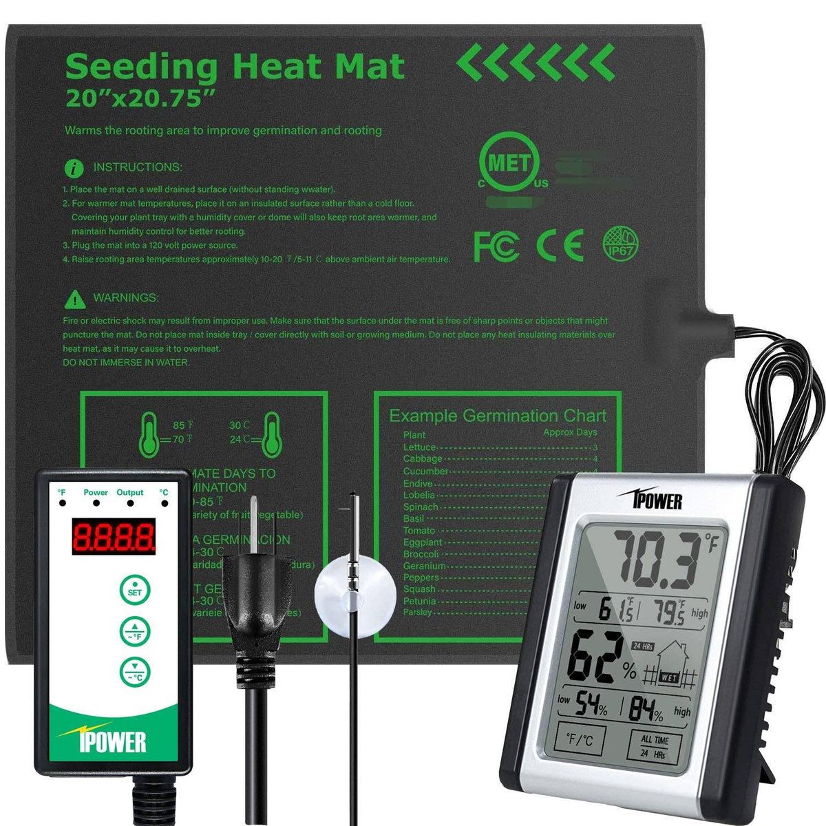 20 inch x 20.75 inch Carbon Film Seedling Heat Mat and Digital Thermostat Controller P934398